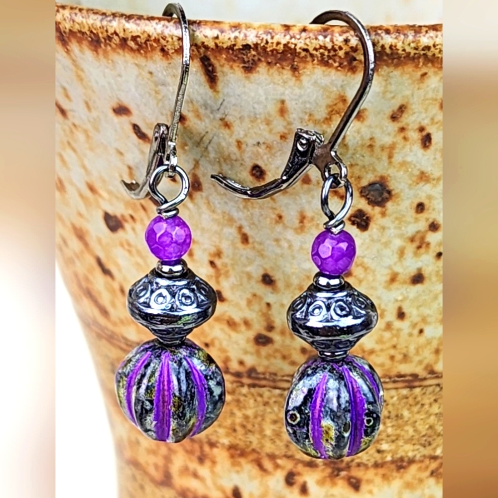 Purple, Black & Gunmetal‎ Dangle Earrings, Handmade